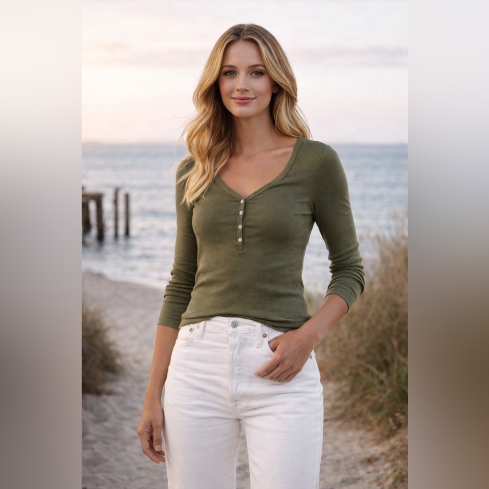 Dickies Women's Long Sleeve Henley Green Size 2XL